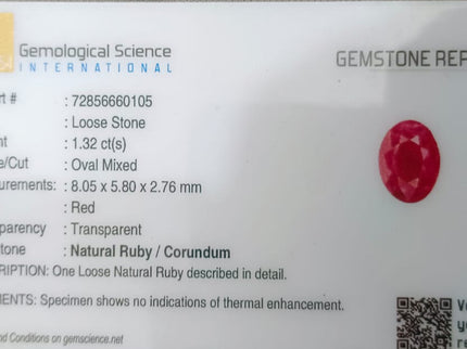 GSI Certified 1.32ct Mozambique Ruby, Natural untreated Gemstone