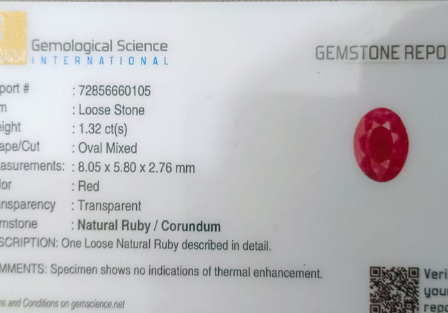 GSI Certified 1.32ct Mozambique Ruby, Natural untreated Gemstone