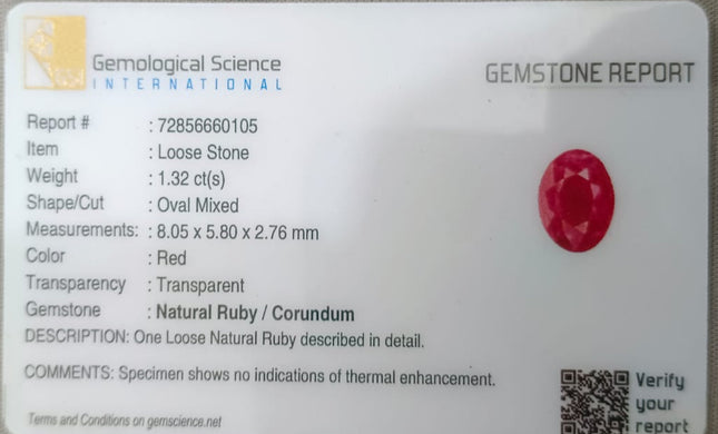 GSI Certified 1.32ct Mozambique Ruby, Natural untreated Gemstone