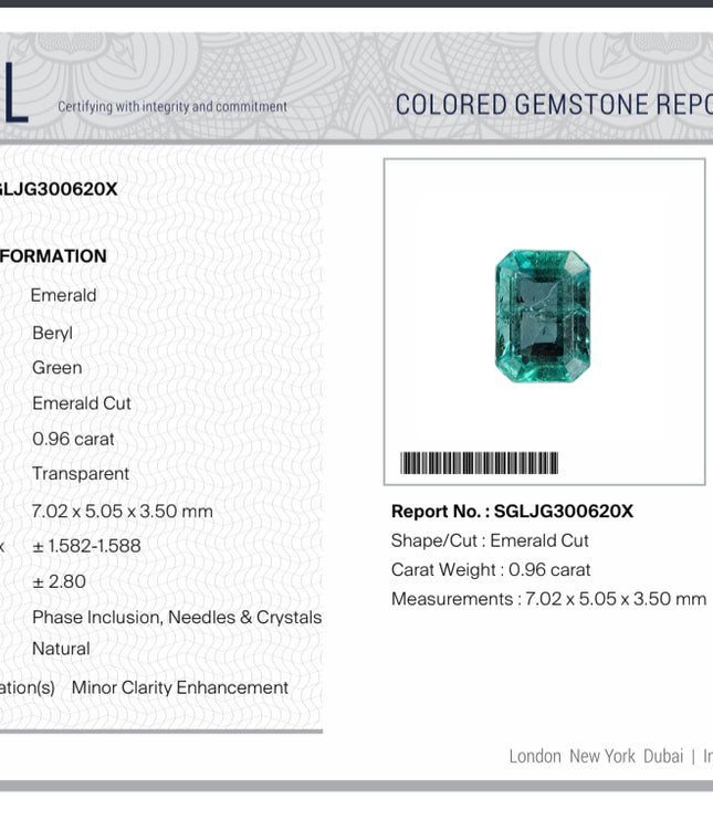 0.96ct Emerald Natural Zambia SGL Certified Medium Deep Green Octagon Cut Loose Gemstone