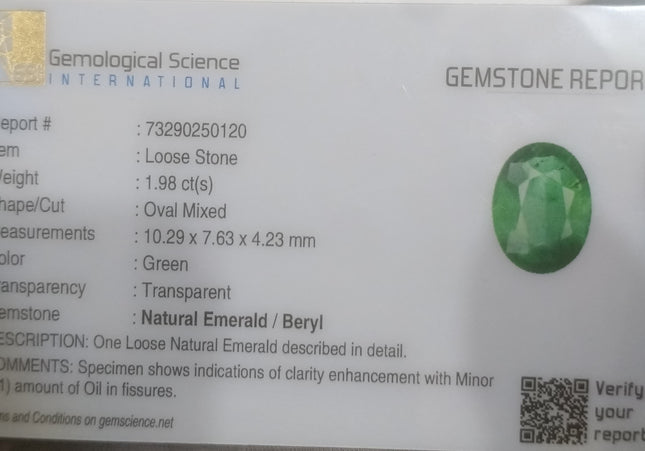 GSI certified 1.98ct Medium Green Natural Zambian Emerald Minor Oiled Loose Gemstone