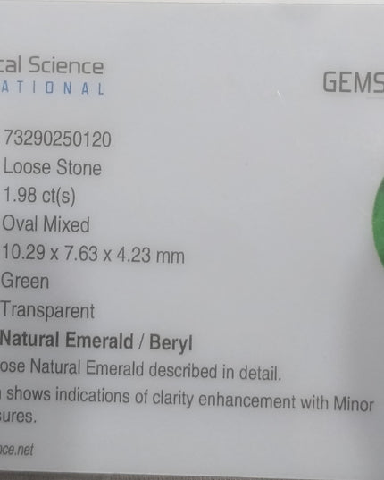 GSI certified 1.98ct Medium Green Natural Zambian Emerald Minor Oiled Loose Gemstone