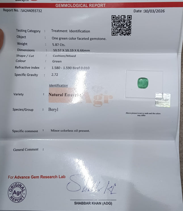 Emerald Natural 5.87ct Certified Deep Green Cushion Cut Loose Gemstone