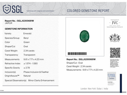 Emerald Natural Zambia 2.34ct SGL Certified Spring Green Color Oval Cut Loose Gemstone