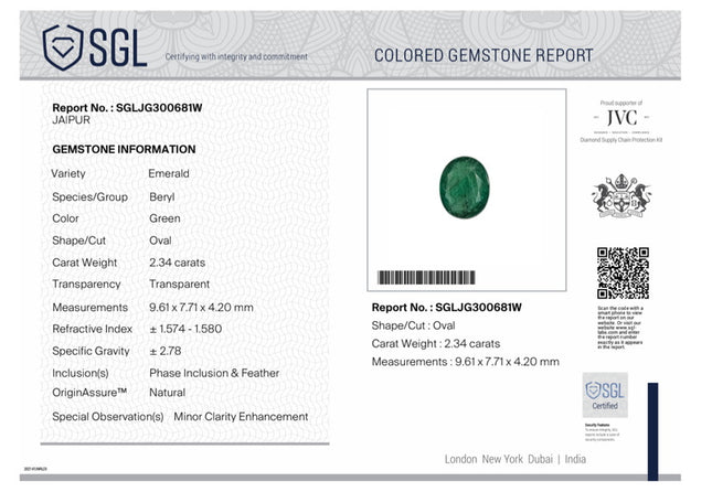 Emerald Natural Zambia 2.34ct SGL Certified Spring Green Color Oval Cut Loose Gemstone