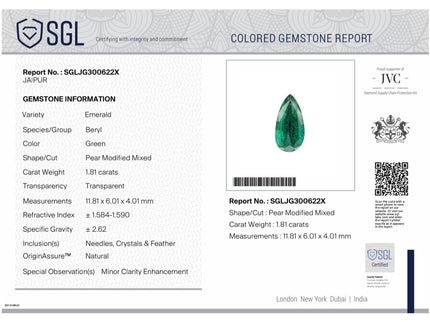 1.81ct Natural Emerald SGL Certified Vivid Velvet Green Zambia Pear Cut Stone
