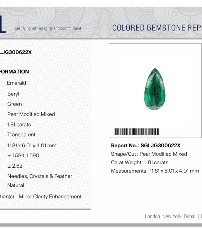 1.81ct Natural Emerald SGL Certified Vivid Velvet Green Zambia Pear Cut Stone