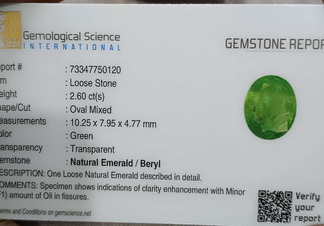 GSI Certified 2.60ct Sea Green Oval Cut Natural Panjshir Emerald Minor Oiled Loose Gemstone