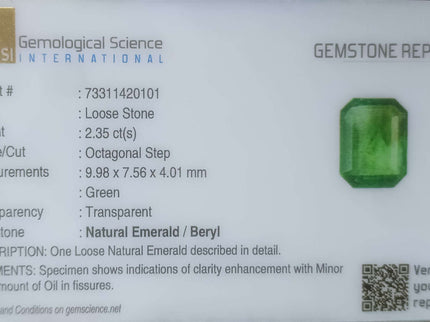 2.35ct Certified Zambian Natural Emerald Medium Bright Pure Green Octagon Cut Stone