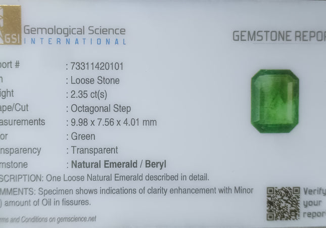 2.35ct GSI Certified Medium Green Zambian Emerald Minor Oiled Loose Gemstone