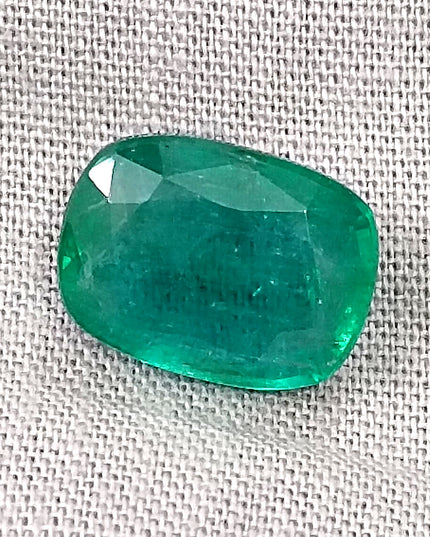 5.36ct Natural Zambian Emerald, Deep Pure Green Cushion Cut Minor Oiled Loose Gemstone.