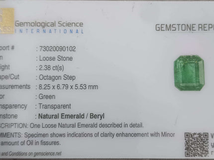 Certified 2.38ct Natural Zambian Emerald, Vivid Green Stone