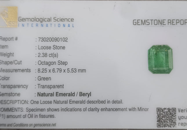 GSI Certified 2.38ct Vivid Deep Golden Green Natural Zambian Emerald