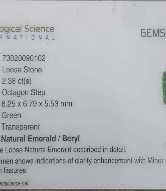 Certified 2.38ct Natural Zambian Emerald, Vivid Green Stone