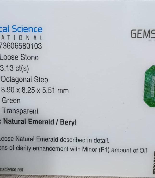 Zambian Emerald 3.13ct Certified Natural Medium Green Octagon Cut Loose Gemstone