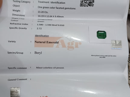 Natural Emerald 13.21 ct AGRL Certified Dark Green Zambian Octagon Cut Loose Gemstone