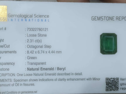 2.31ct Natural Emerald, High Quality Certified Zambian Origin Vivid Deep Green Stone