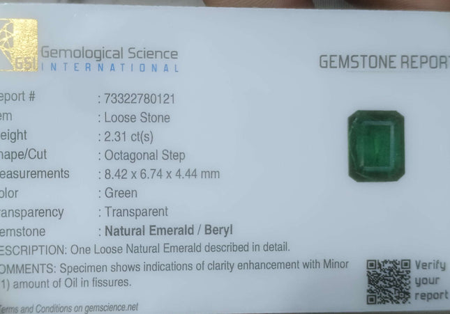 2.31ct High Quality GSI Certified Deep Vivid Green Minor Oiled Loose Gemstone
