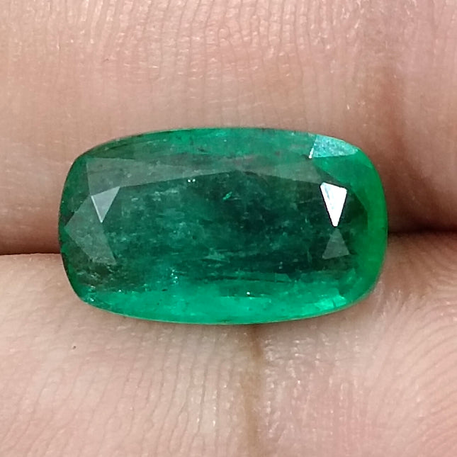 3.99ct Natural Zambian Emerald, Deep Green Cushion Cut Minor Oiled Loose Gemstone.