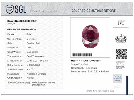 2.23ct Untreated Natural Ruby SGL Certified Deep Rasberry Red Oval Loose Stone