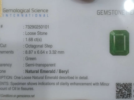 Certified 1.68ct Natural Zambian Emerald.