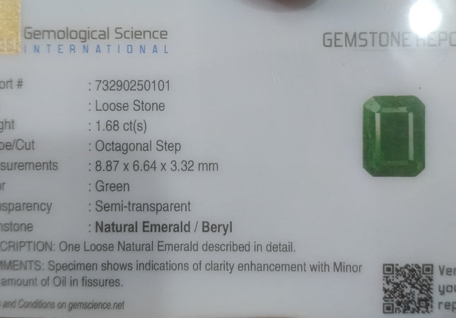 GSI USA Certified 1.68ct Deep Pure Green Natural Zambian Emerald Earth Mined Loose Gemstone