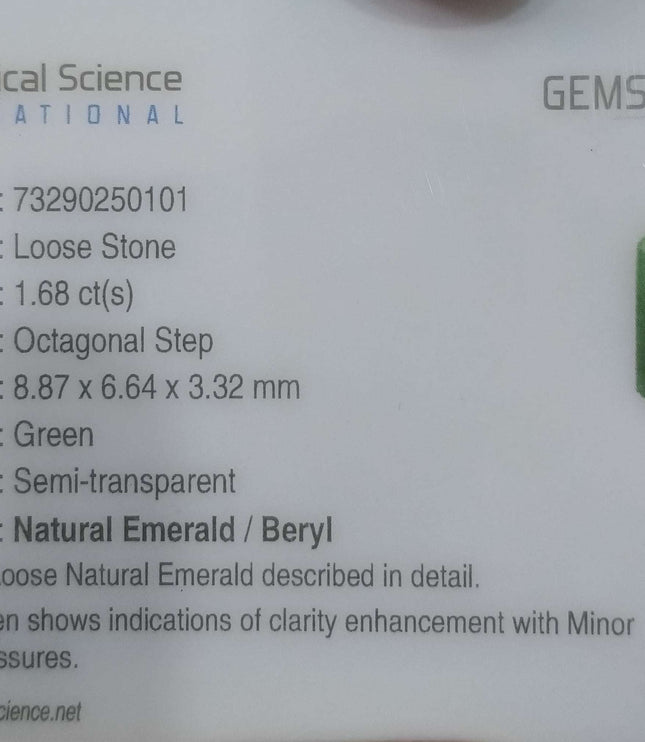 Certified 1.68ct Natural Zambian Emerald.