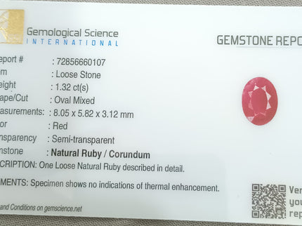 GSI Certified 1.32ct Mozambique Ruby, Natural Untreated