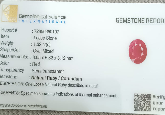 GSI Certified 1.32ct Mozambique Ruby, Natural Untreated