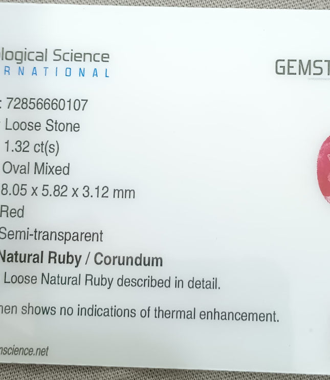 GSI Certified 1.32ct Mozambique Ruby, Natural Untreated