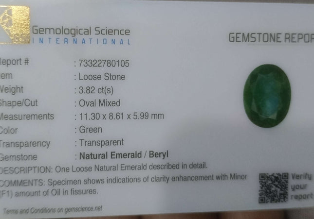3.82ct GSI Certified Medium Green Zambian Emerald Minor Oiled Loose Gemstone