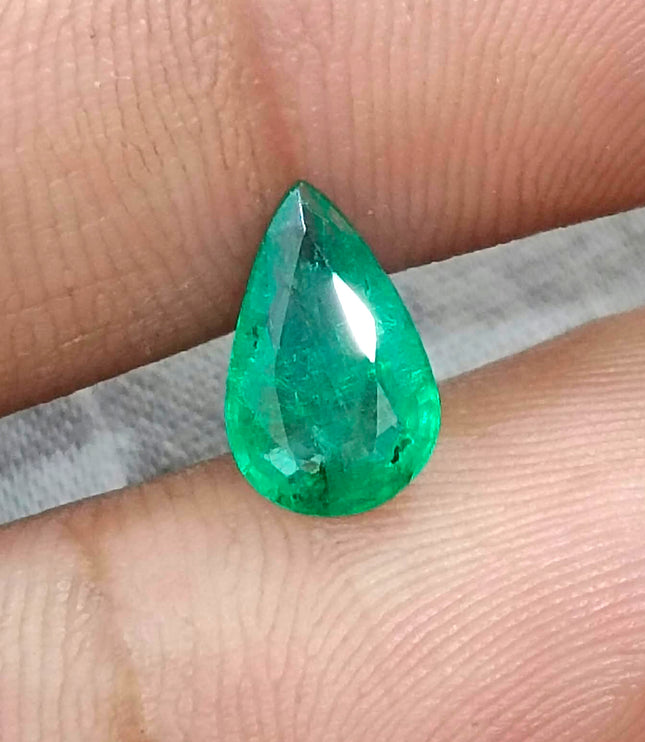 1.42ct Emerald Natural Medium Deep Vivid Green Pear Cut Zambian Loose Gemstone