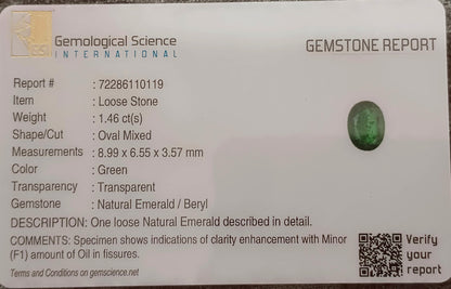 GSI Certified 1.46ct Vivid Deep Swat Emerald , 100% Natural Earth Mined Gemstone