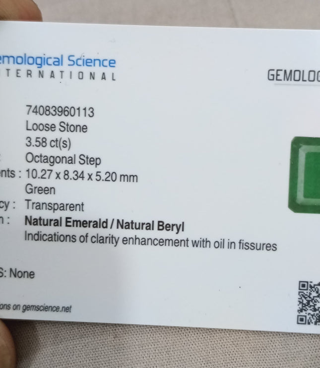 Natural Emerald 3.58ct GSI Certified Medium Deep Green Octagon Cut Gemstone