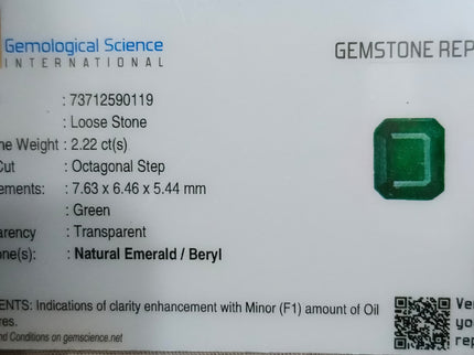 2.22ct Zambian Emerald, Dark Green Octagon Cut Certified Natural Loose Gemstone