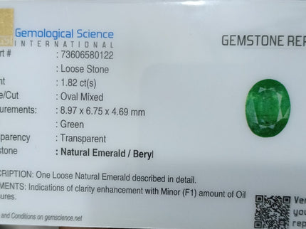 Zambian Emerald 1.82ct Certified Natural Medium Sea Green Oval Cut Loose Gemstone