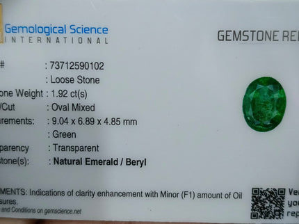 Zambian Emerald 1.92ct Certified Natural Deep Vibrant Green Oval Cut Loose Gemstone