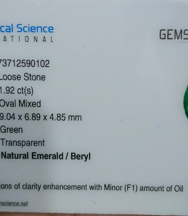 Zambian Emerald 1.92ct Certified Natural Deep Vibrant Green Oval Cut Loose Gemstone