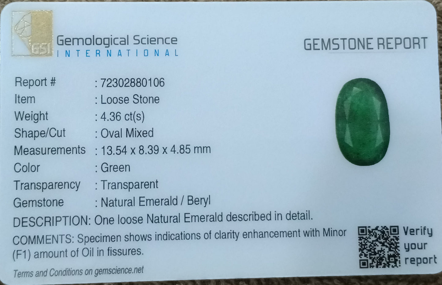 GSI Certified 4.36ct Deep Velvet Green Zambian Emerald , 100% Natural Earth Mined Gemstone.