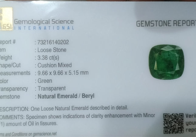 GSI Certified 3.38ct Deep Vivid Green Natural Emerald Minor Oiled Loose Gemstone