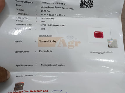 African Ruby 10.80ct Natural Certified Untreated Emerald Cut Loose Gemstone