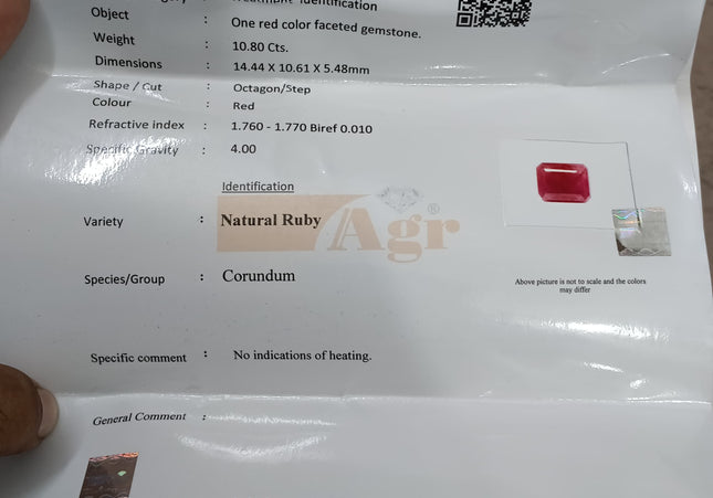 Big Certified 10.80ct Natural Untreated Ruby