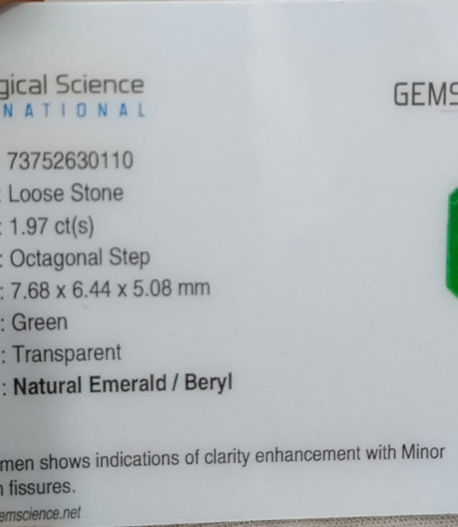 Zambian Emerald 1.97ct Certified Natural Medium Deep Green Octagon Cut Gemstone