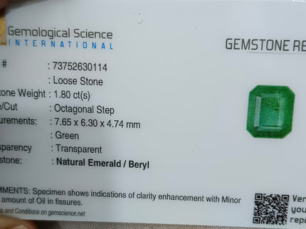 Zambian Emerald 1.80ct Certified Natural Medium Deep Green Octagon Cut Gemstone