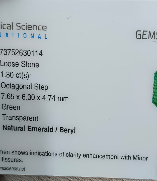 Zambian Emerald 1.80ct Certified Natural Medium Deep Green Octagon Cut Gemstone