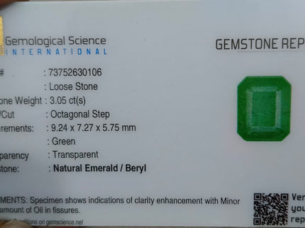 Zambian Emerald 3.05ct Natural Medium Deep Green Certified Octagon Cut Gemstone