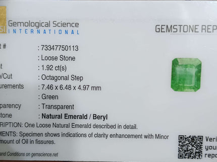 Certified 1.92ct Zambian Natural Emerald