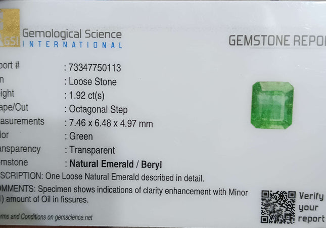 GSI Certified 1.92ct Medium Intense Green Zambian Emerald Minor Oiled Loose Gemstone