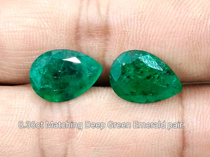 8.36ct Matched Zambian Emerald Pair Deep Green Pear Cut Loose Gemstones