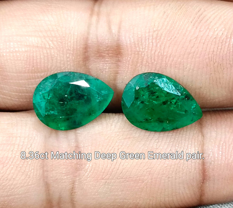 8.36ct Matched Zambian Emerald Pair Deep Green Pear Cut Loose Gemstones